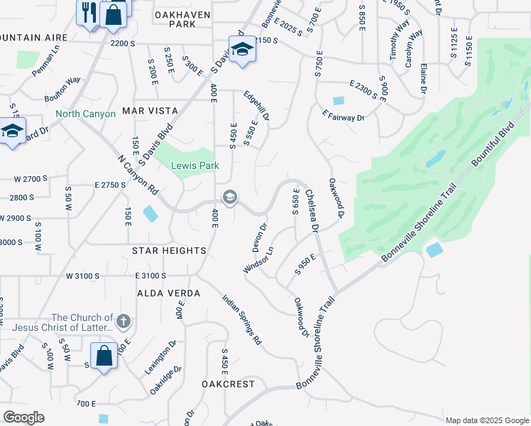 map of restaurants, bars, coffee shops, grocery stores, and more near Chelsea Drive in Bountiful