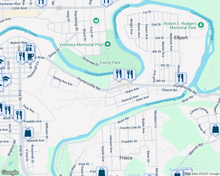 map of restaurants, bars, coffee shops, grocery stores, and more near 140 Portersville Road in Ellwood City