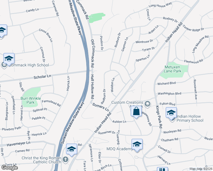 map of restaurants, bars, coffee shops, grocery stores, and more near 21 Radburn Drive in Commack