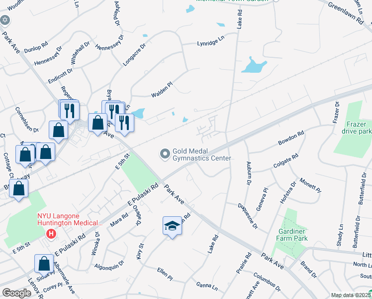 map of restaurants, bars, coffee shops, grocery stores, and more near 284 Pulaski Road in Greenlawn