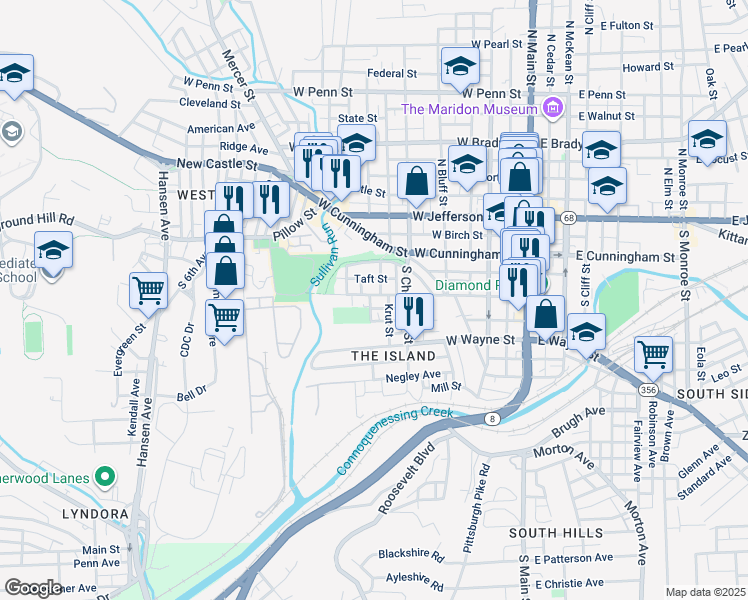 map of restaurants, bars, coffee shops, grocery stores, and more near 427 West Diamond Street in Butler