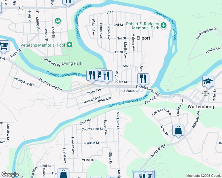 map of restaurants, bars, coffee shops, grocery stores, and more near 221 Portersville Road in Ellwood City