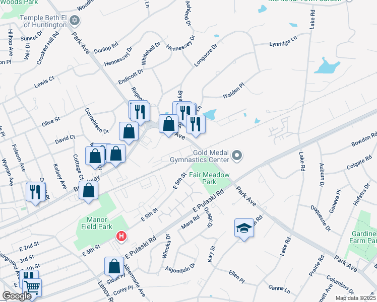 map of restaurants, bars, coffee shops, grocery stores, and more near 777 Park Avenue in Huntington