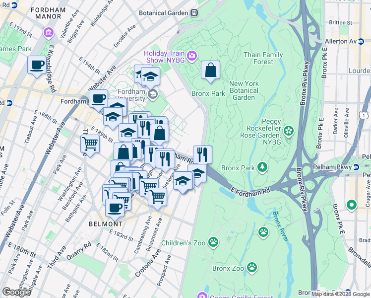 map of restaurants, bars, coffee shops, grocery stores, and more near 2539 Cambreleng Avenue in Bronx