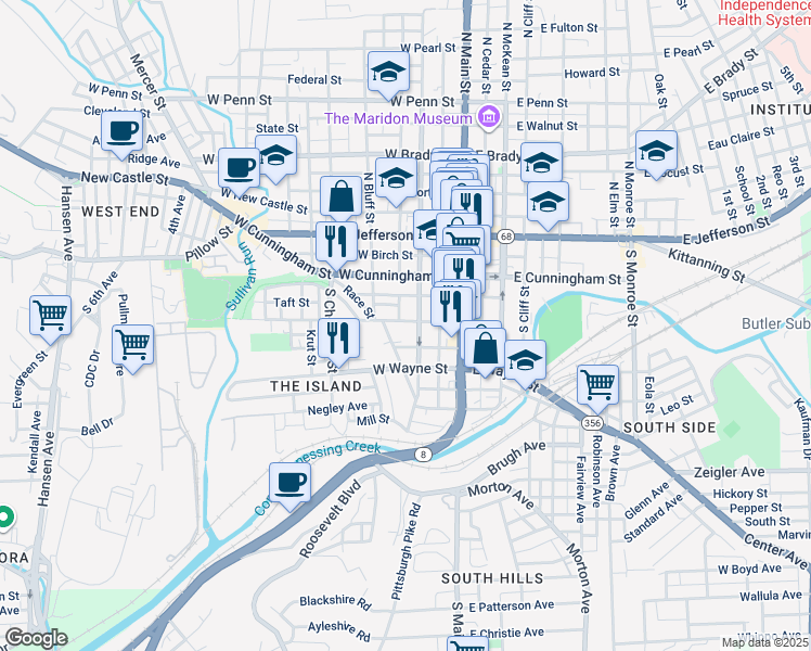 map of restaurants, bars, coffee shops, grocery stores, and more near 208 West Diamond Street in Butler