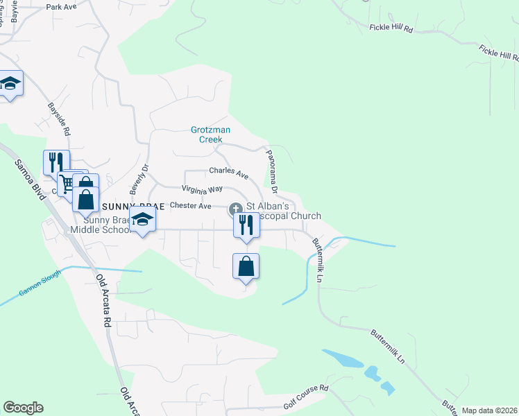 map of restaurants, bars, coffee shops, grocery stores, and more near 1799 Charles Avenue in Arcata