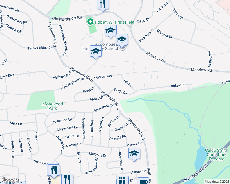 map of restaurants, bars, coffee shops, grocery stores, and more near 86 Ridge Road in Smithtown