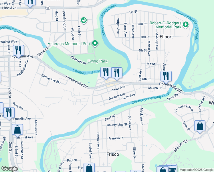 map of restaurants, bars, coffee shops, grocery stores, and more near 4 Dunn Street in Ellport