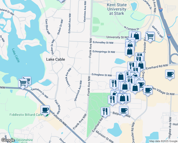 map of restaurants, bars, coffee shops, grocery stores, and more near 5319 Frank Avenue Northwest in North Canton