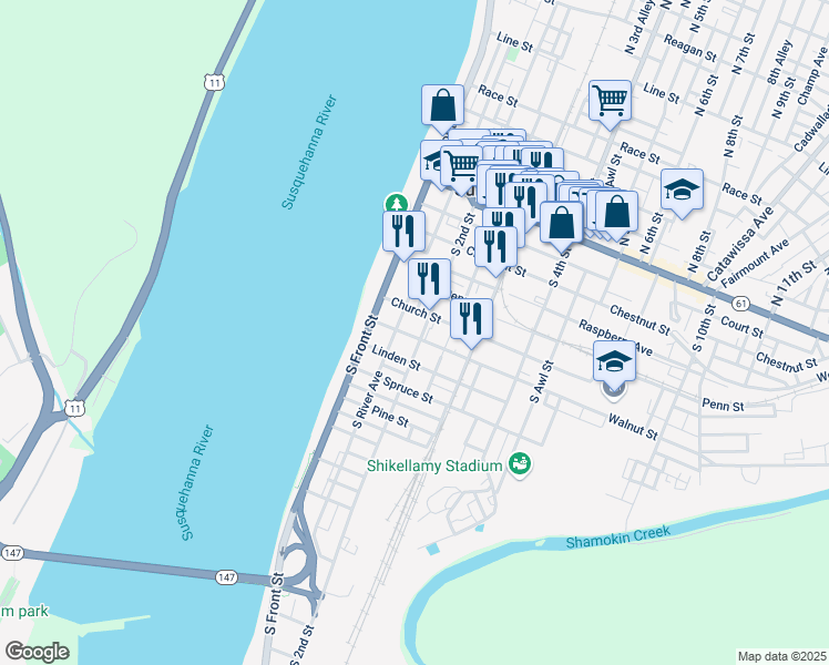 map of restaurants, bars, coffee shops, grocery stores, and more near 156 Walnut Street in Sunbury