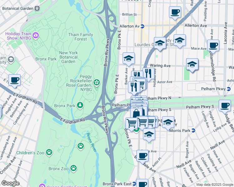 map of restaurants, bars, coffee shops, grocery stores, and more near 2244 Bronx Park East in The Bronx