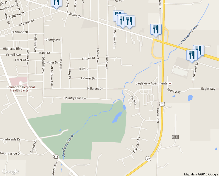 map of restaurants, bars, coffee shops, grocery stores, and more near 1110 Hillcrest Dr in Ashland