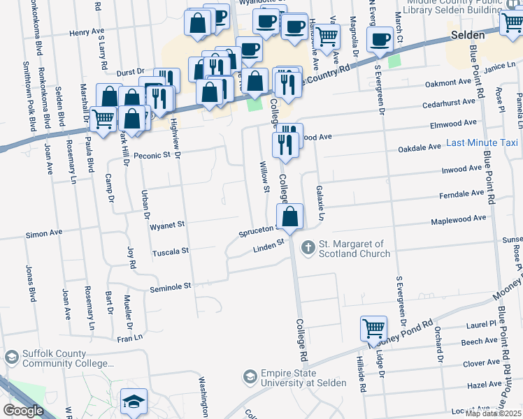 map of restaurants, bars, coffee shops, grocery stores, and more near 38 Willow Street in Selden