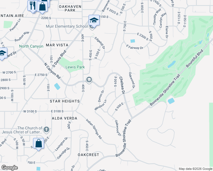 map of restaurants, bars, coffee shops, grocery stores, and more near 566 Chelsea Drive in Bountiful