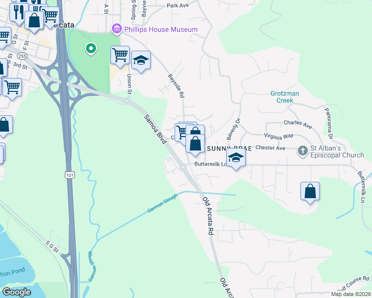 map of restaurants, bars, coffee shops, grocery stores, and more near 700 Bayside Road in Arcata