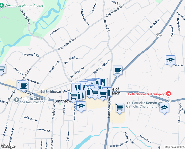 map of restaurants, bars, coffee shops, grocery stores, and more near 57 Blydenburg Avenue in Smithtown