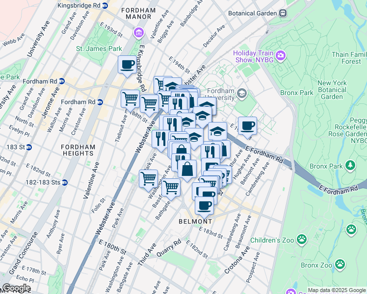 map of restaurants, bars, coffee shops, grocery stores, and more near 491 East 188th Street in Bronx