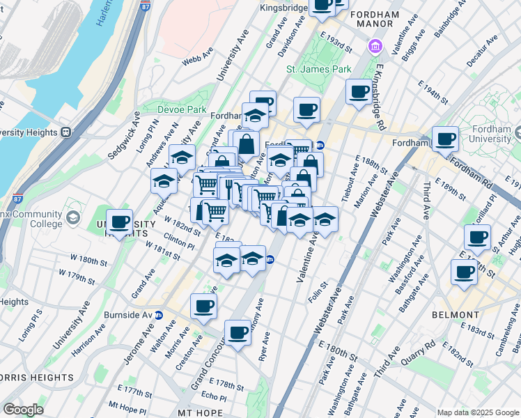 map of restaurants, bars, coffee shops, grocery stores, and more near 2301 Morris Avenue in Bronx