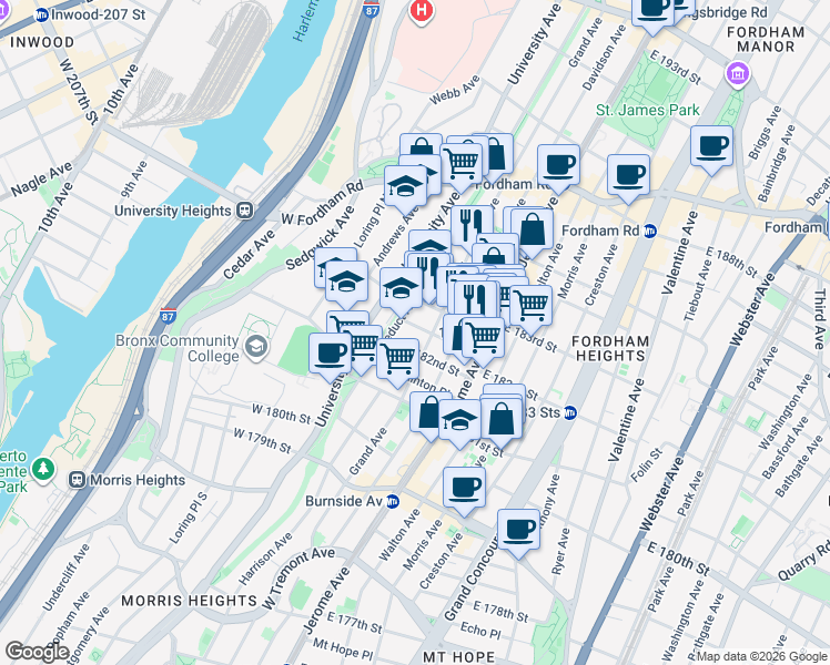 map of restaurants, bars, coffee shops, grocery stores, and more near 61 Buchanan Place in Bronx