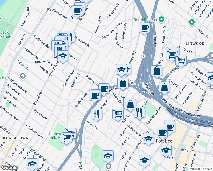 map of restaurants, bars, coffee shops, grocery stores, and more near 466 Fort Lee Road in Leonia