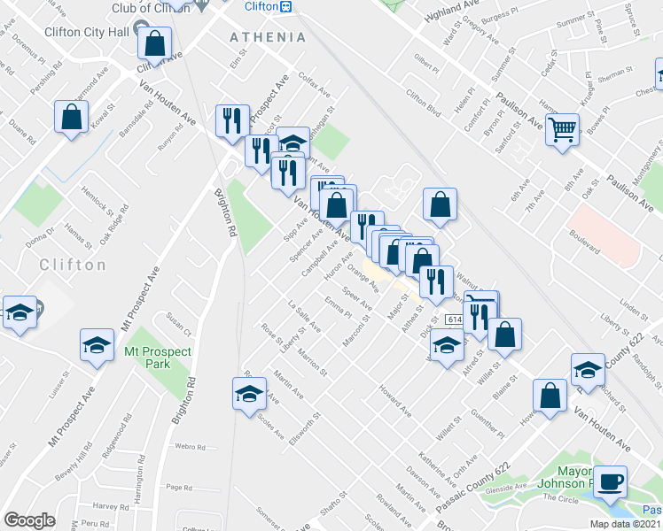 map of restaurants, bars, coffee shops, grocery stores, and more near 26 Huron Avenue in Clifton