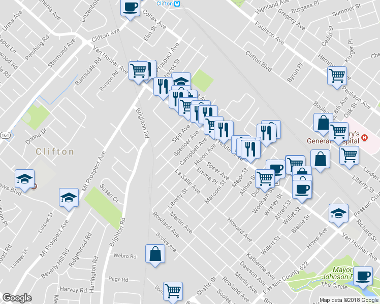 map of restaurants, bars, coffee shops, grocery stores, and more near 223 Speer Avenue in Clifton