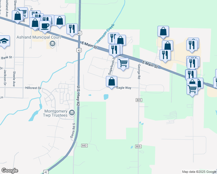 map of restaurants, bars, coffee shops, grocery stores, and more near 1480 Eagle Way in Ashland