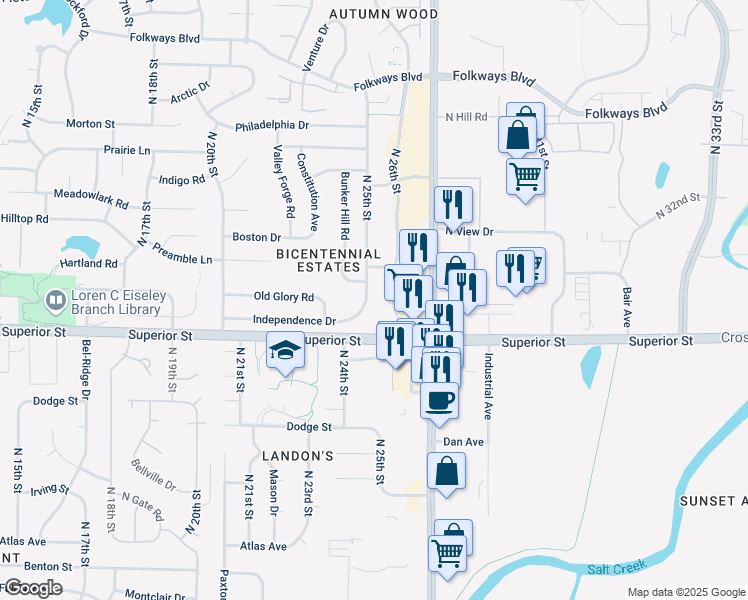 map of restaurants, bars, coffee shops, grocery stores, and more near 4707 North 26th Street in Lincoln