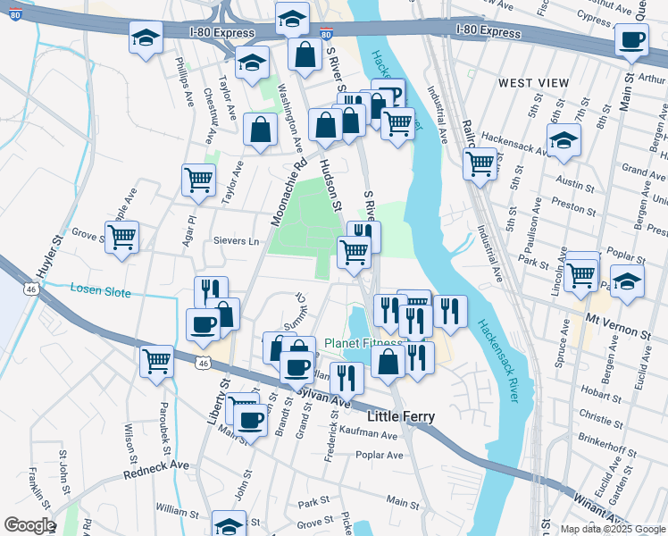 map of restaurants, bars, coffee shops, grocery stores, and more near 9 Alfred Place in Little Ferry