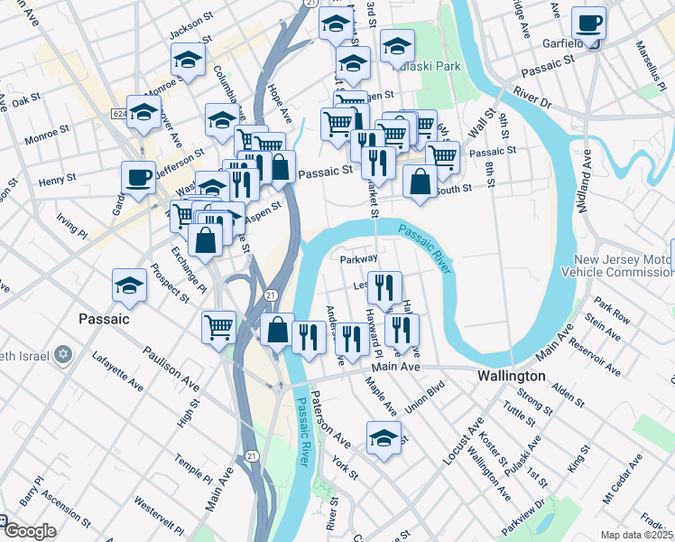 map of restaurants, bars, coffee shops, grocery stores, and more near 12 Maple Avenue in Wallington