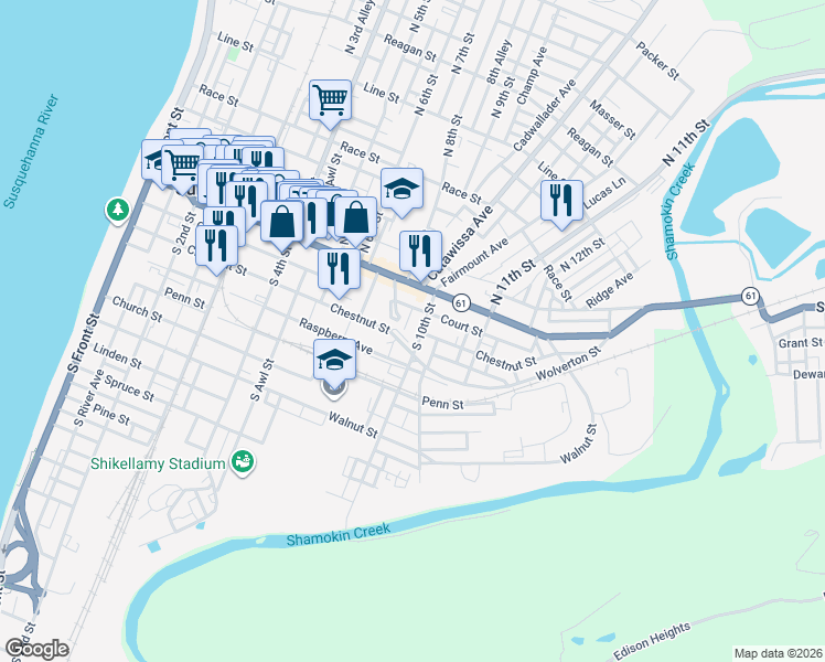 map of restaurants, bars, coffee shops, grocery stores, and more near 55 South 10th Street in Sunbury