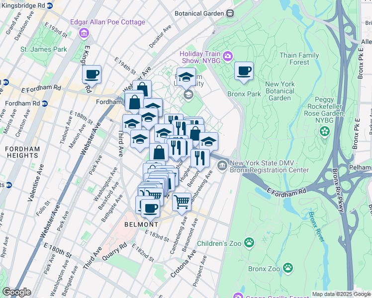 map of restaurants, bars, coffee shops, grocery stores, and more near 588 East Fordham Road in Bronx