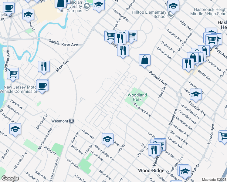 map of restaurants, bars, coffee shops, grocery stores, and more near 54 Wesmont Drive in Wood-Ridge