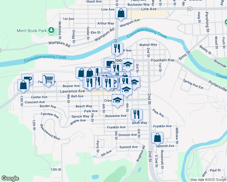 map of restaurants, bars, coffee shops, grocery stores, and more near 503 Lawrence Avenue in Ellwood City