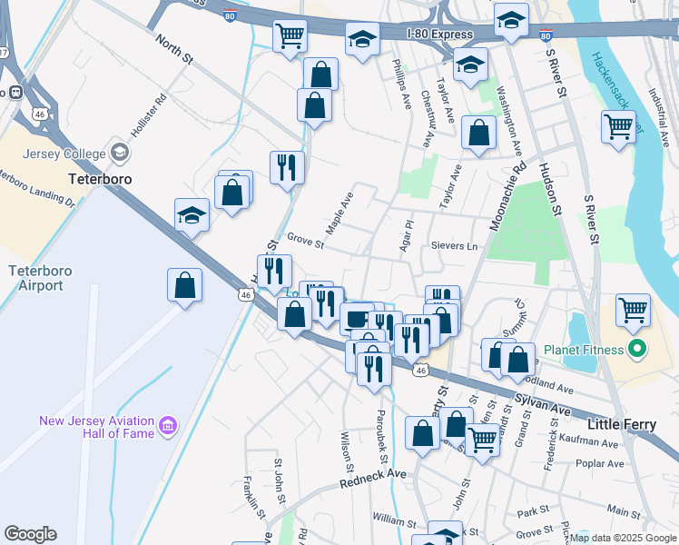 map of restaurants, bars, coffee shops, grocery stores, and more near 74 Louis Court in South Hackensack