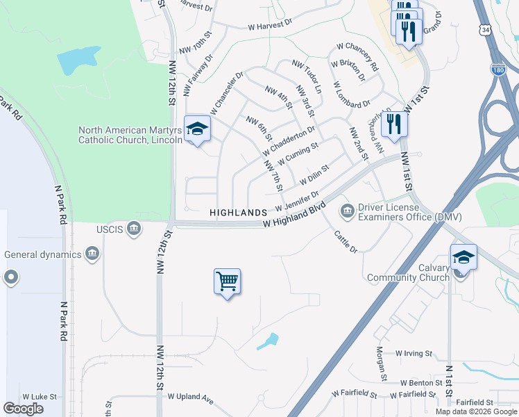 map of restaurants, bars, coffee shops, grocery stores, and more near 730 West Jennifer Drive in Lincoln