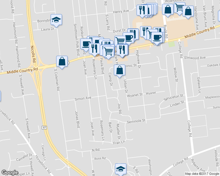 map of restaurants, bars, coffee shops, grocery stores, and more near 24 Camp Drive in Selden