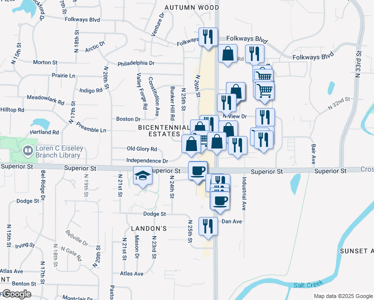 map of restaurants, bars, coffee shops, grocery stores, and more near 4707 North 26th Street in Lincoln