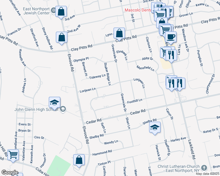 map of restaurants, bars, coffee shops, grocery stores, and more near 28 Lorijean Lane in East Northport