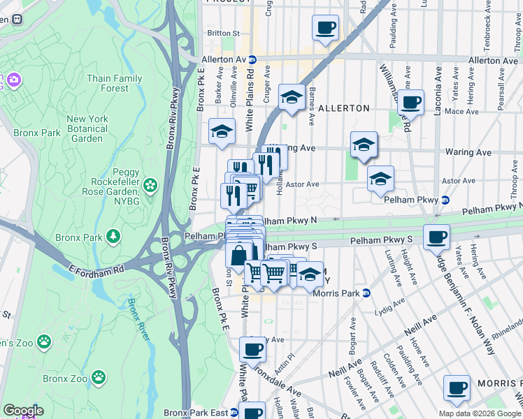 map of restaurants, bars, coffee shops, grocery stores, and more near 2215 Holland Avenue in The Bronx