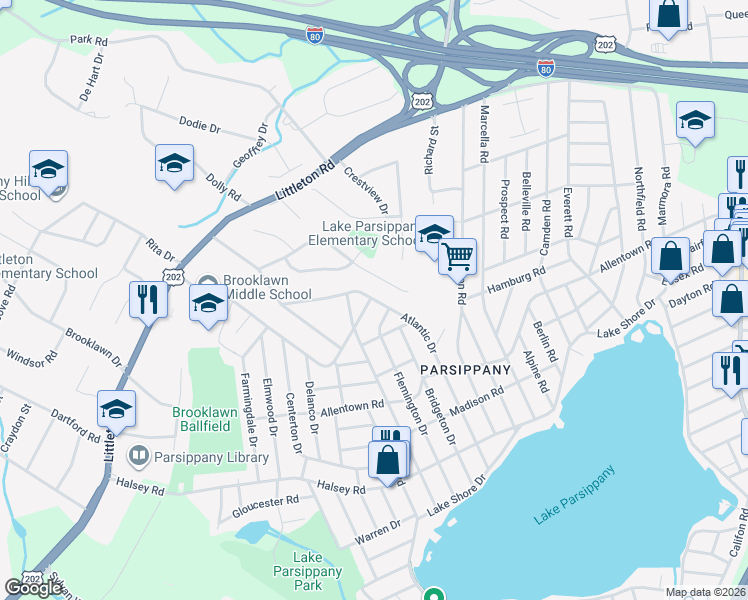 map of restaurants, bars, coffee shops, grocery stores, and more near 107 Leamoor Drive in Parsippany-Troy Hills