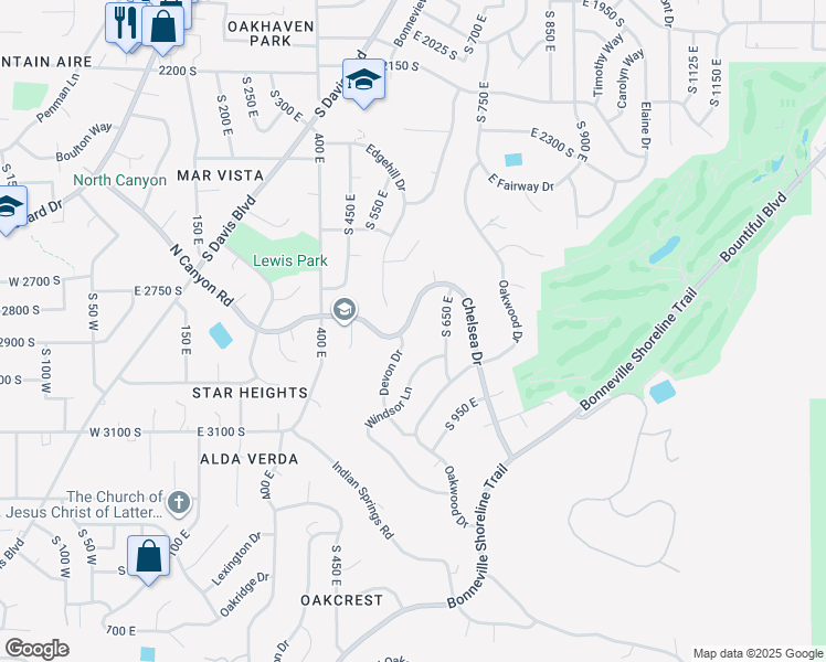 map of restaurants, bars, coffee shops, grocery stores, and more near 566 Chelsea Drive in Bountiful
