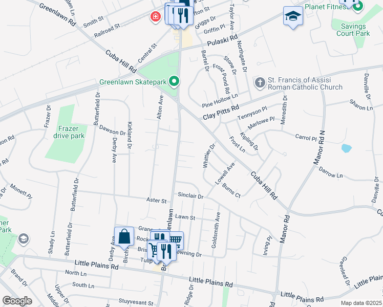 map of restaurants, bars, coffee shops, grocery stores, and more near 7 Emily Court in Greenlawn