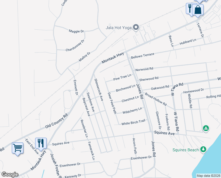 map of restaurants, bars, coffee shops, grocery stores, and more near 20 Birchwood Lane in East Quogue