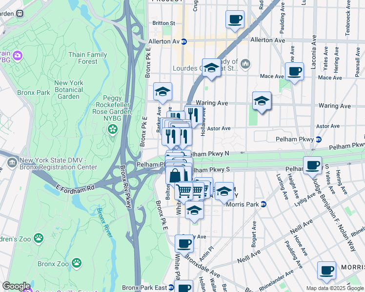 map of restaurants, bars, coffee shops, grocery stores, and more near 2232B White Plains Road in The Bronx