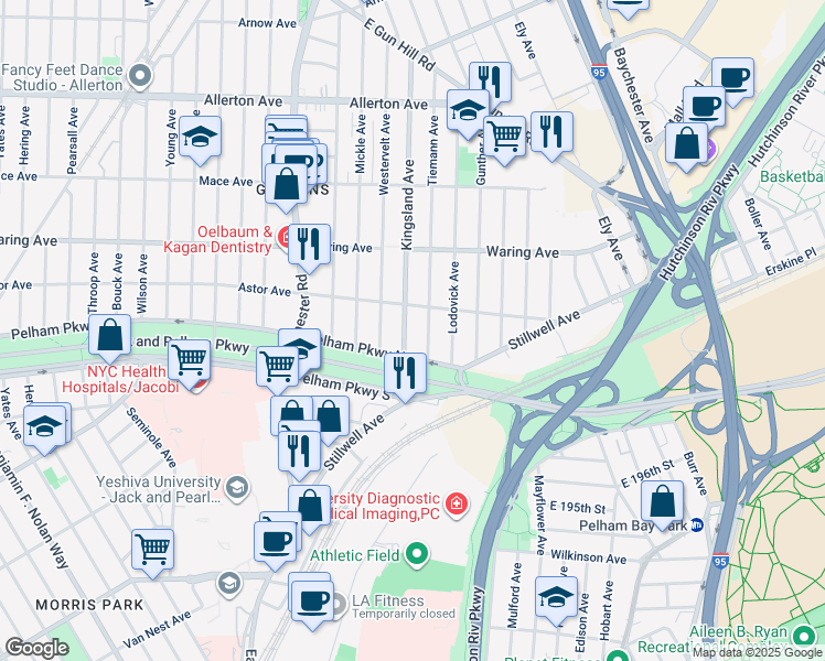 map of restaurants, bars, coffee shops, grocery stores, and more near 2226 Kingsland Avenue in Bronx