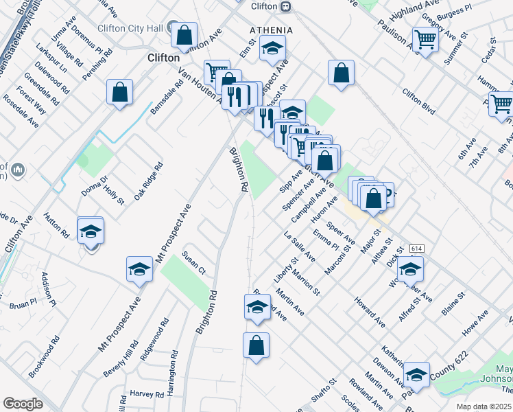 map of restaurants, bars, coffee shops, grocery stores, and more near 83 Samuel Avenue in Clifton