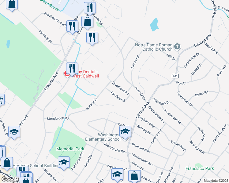 map of restaurants, bars, coffee shops, grocery stores, and more near 6 Pin Oak Road in West Caldwell