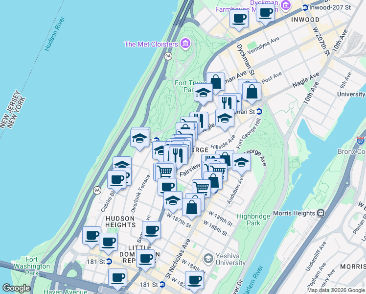 map of restaurants, bars, coffee shops, grocery stores, and more near 4501 Broadway in New York