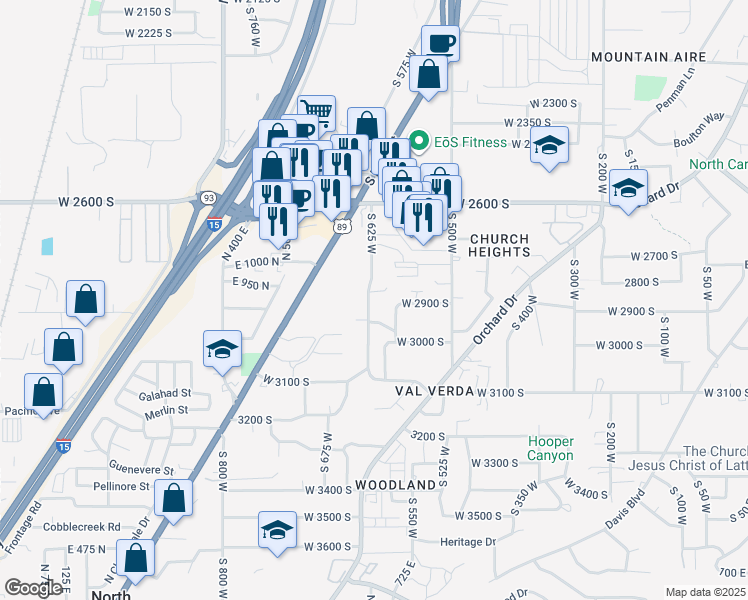 map of restaurants, bars, coffee shops, grocery stores, and more near 2881 South 625 West in Bountiful